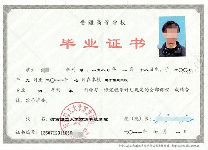 河南河南理工大学万方科技学院毕业证样本图片